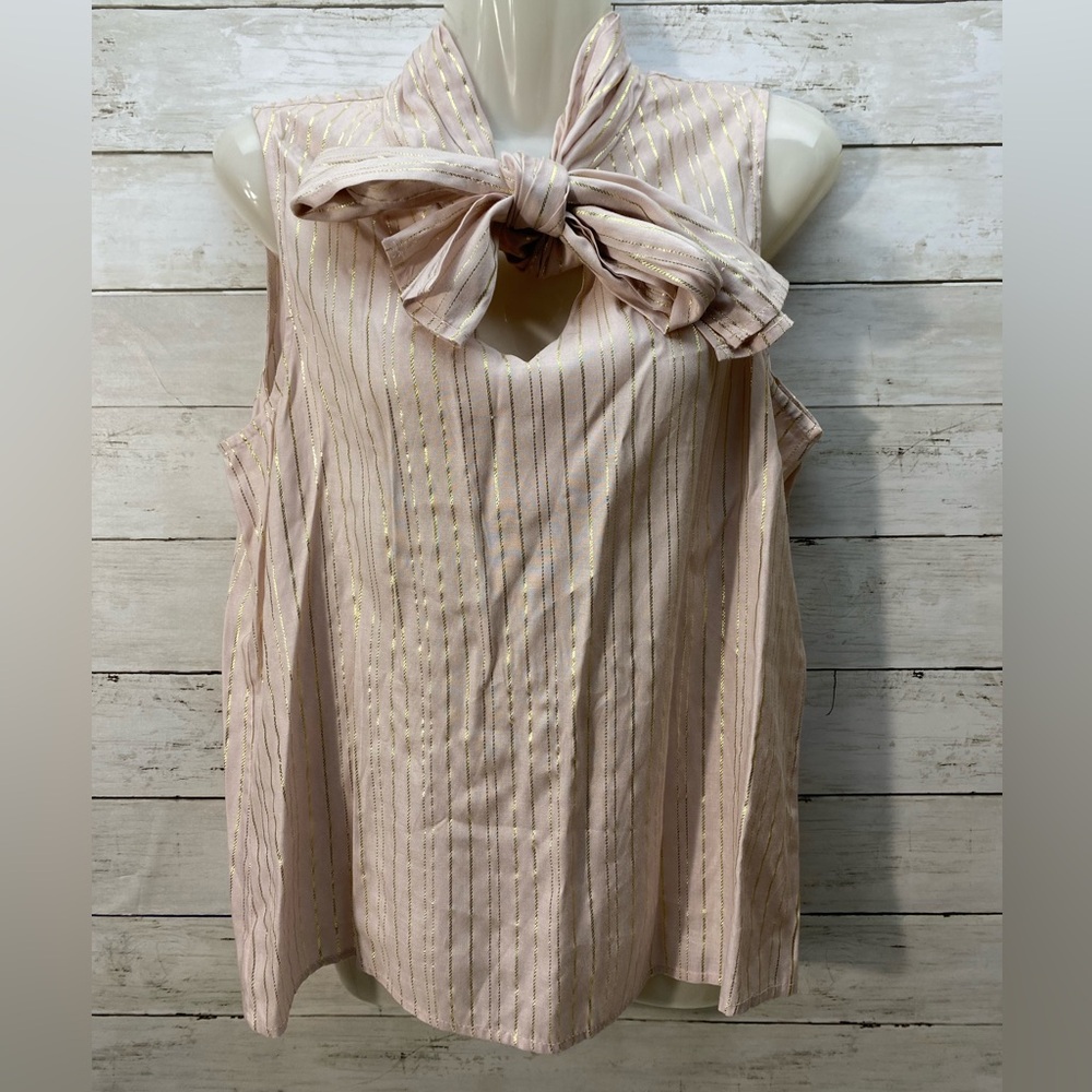 Anne Klein Small Pink Top With Gold Stripes Bow V Neck New With Tags